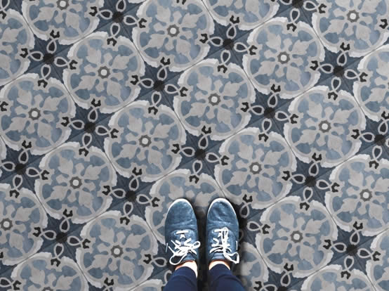 Blue pattern tile range at Kalafrana Ceramics Sydney showroom