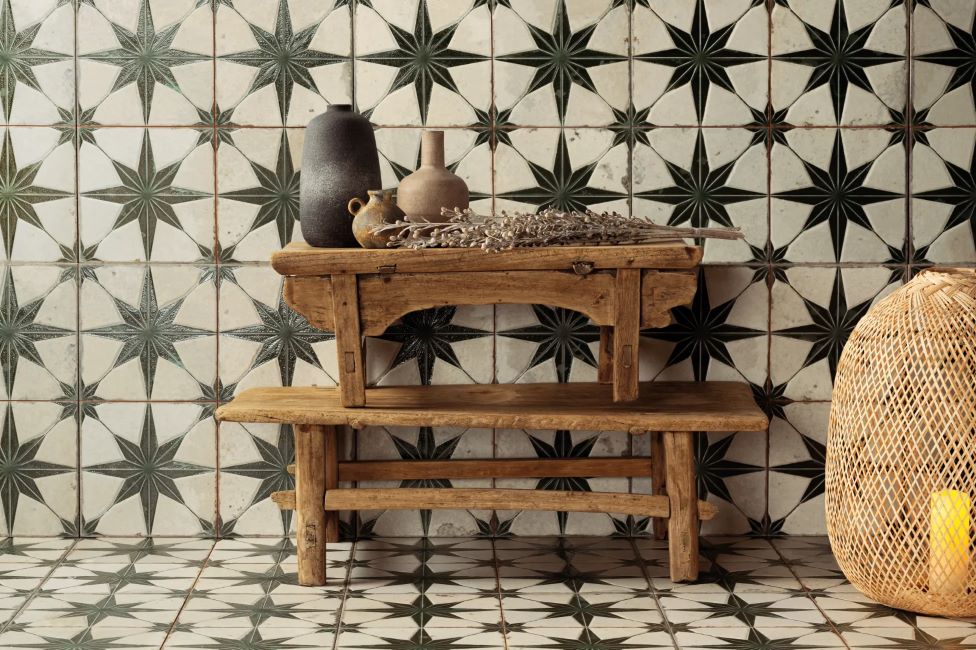 green pattern floor tiles showroom in Sydney Australia