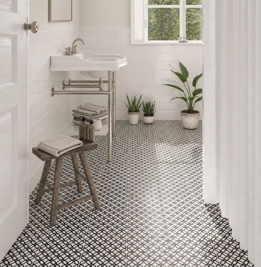 Black and white pattern floor tiles laid in a bathroom