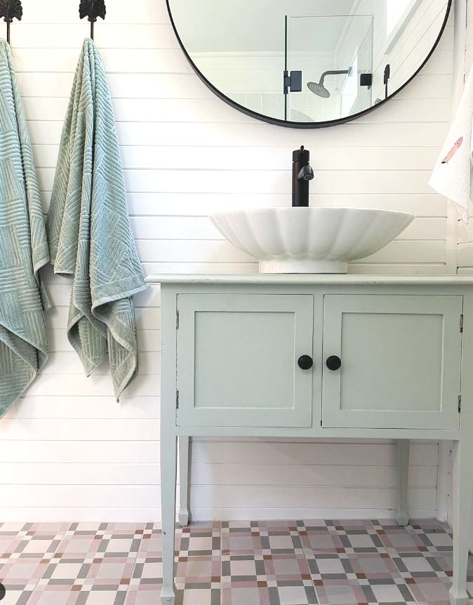 Pink geometric retro tiles laid in a Sydney bathroom
