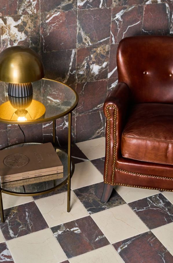 Marble look porcelain floor tiles in a checkerboard layout