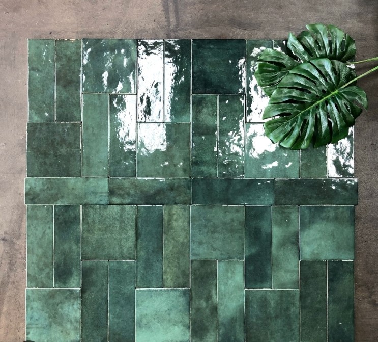 Artisan Green subway tiles in a basket weave layout in green gloss