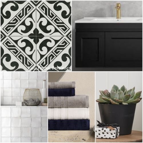 Bathroom mood board with KC841 black and white pattern tile, black vanity, white wall tiles and brass tapware