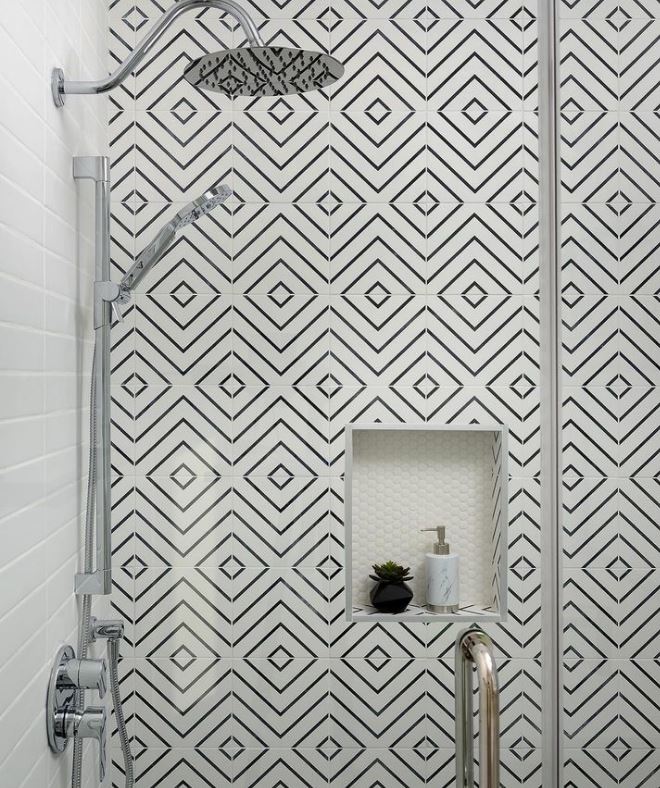 Black and white geometric pattern bathroom feature wall tiles, Sydney