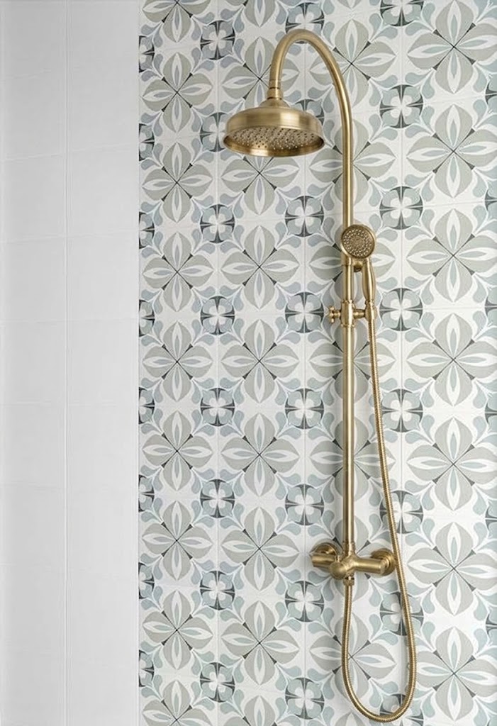 Bathroom feature wall using encaustic look tile patterns