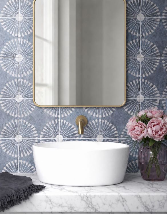 patterned blue bathroom feature wall tiles