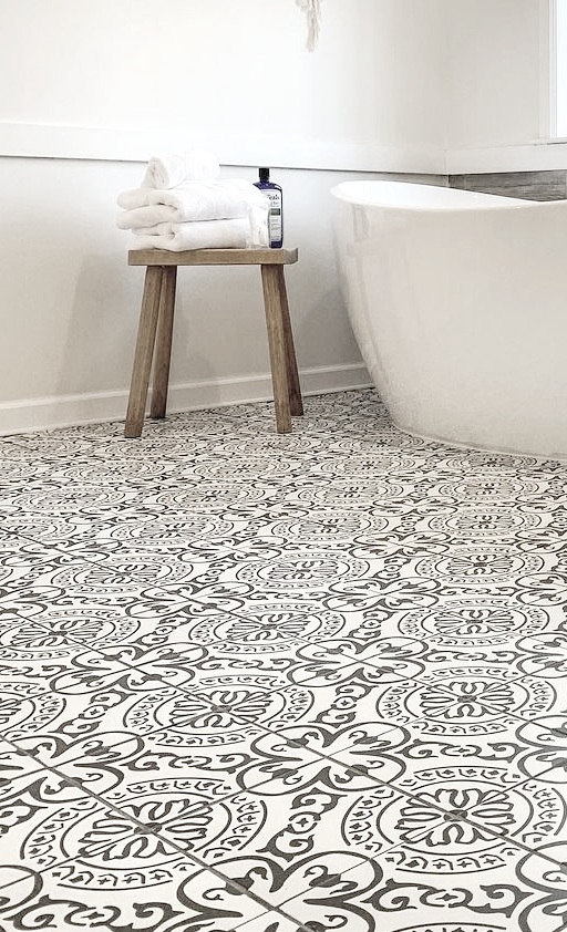 Black and white tiles laid in a bathroom