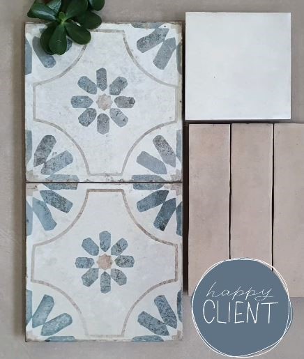 Client's bathroom tile selection pairing KC889 blue pattern tiles with plain white and pink-toned tiles