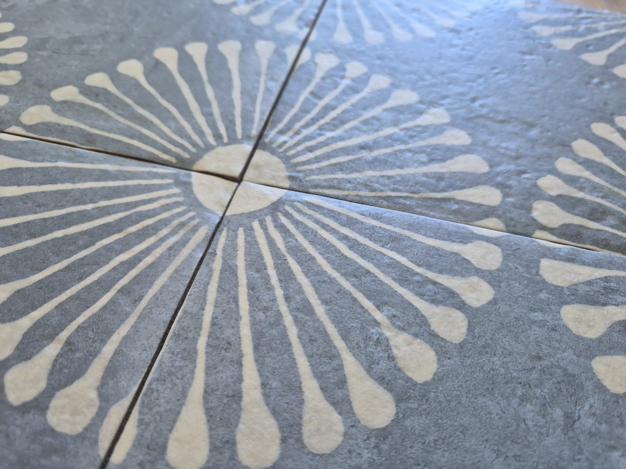 Close up of blue pattern encaustic look tiles