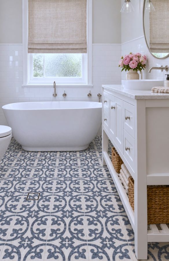 Classic bathroom design with blue pattern floor tiles in Sydney Australia