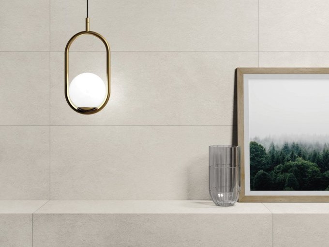 European stone look wall and floor tiles in a bathroom