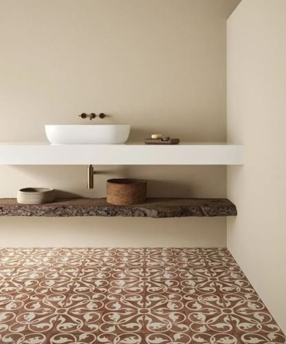 Bathroom with floating timber shelf and terracotta pattern floor tiles, Sydney