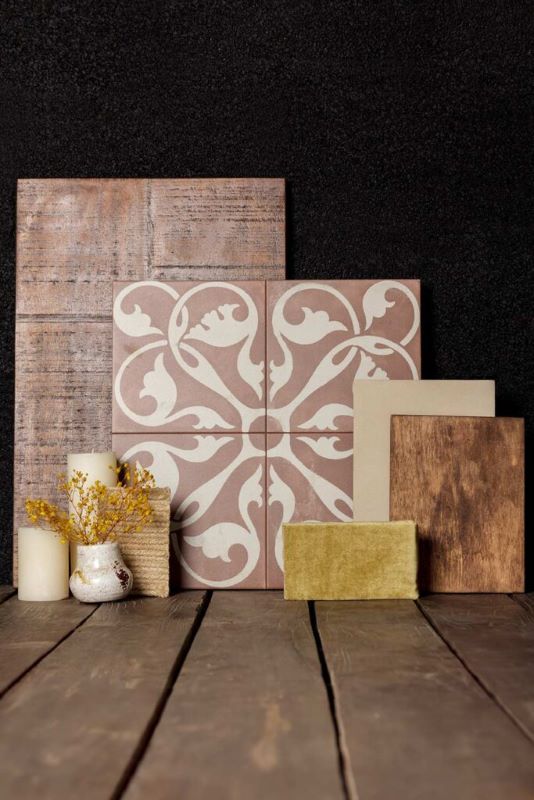 Terracotta pattern tile samples with timber and stone finishes