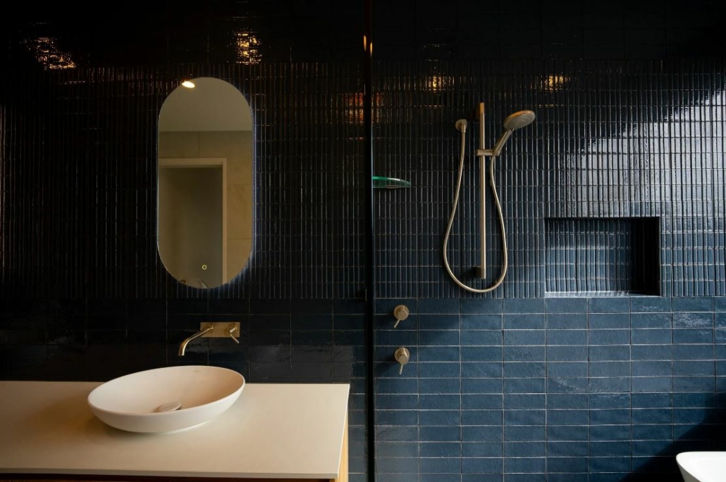 Glace Navy gloss wall subway tiles and decor feature tile in Bathroom