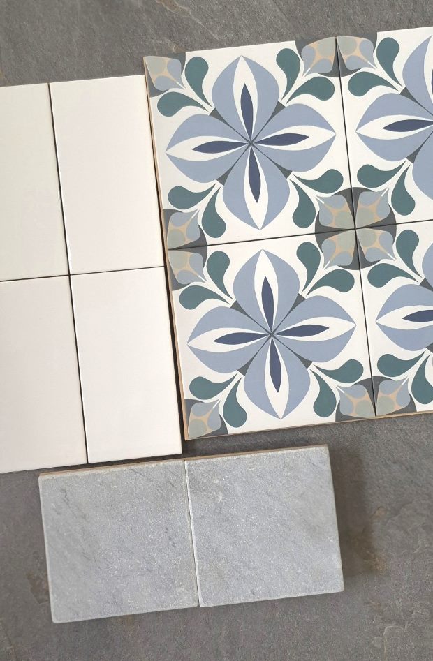 Blue encaustic look floor tiles in Australia