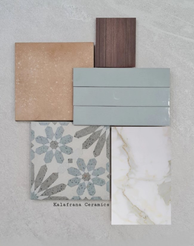 Green bathroom concept with pattern tiles