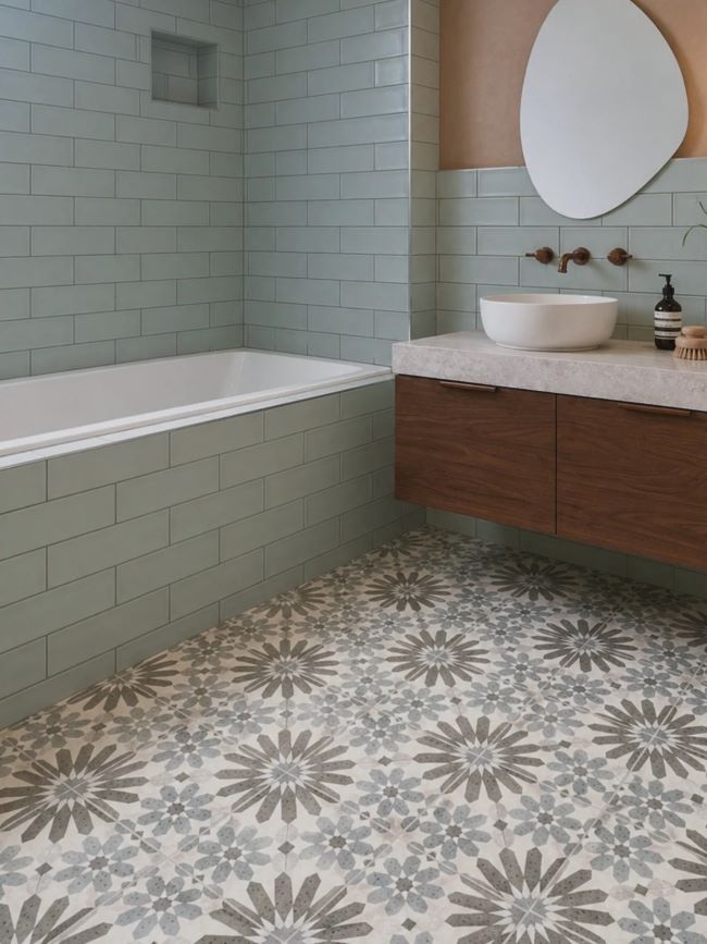 Green bathroom design ideas with patterned tiles