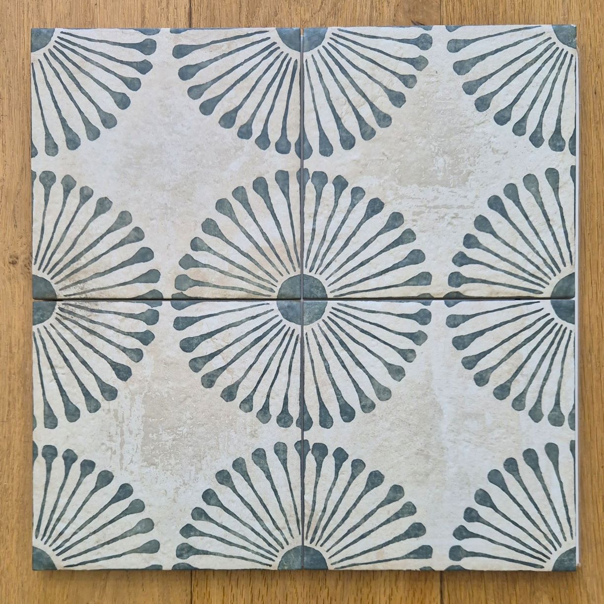 Sage green encaustic-look porcelain floor tiles