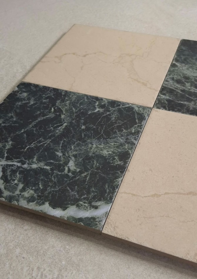 Emerald Green marble look porcelain tiles laid in a checkerboard floor