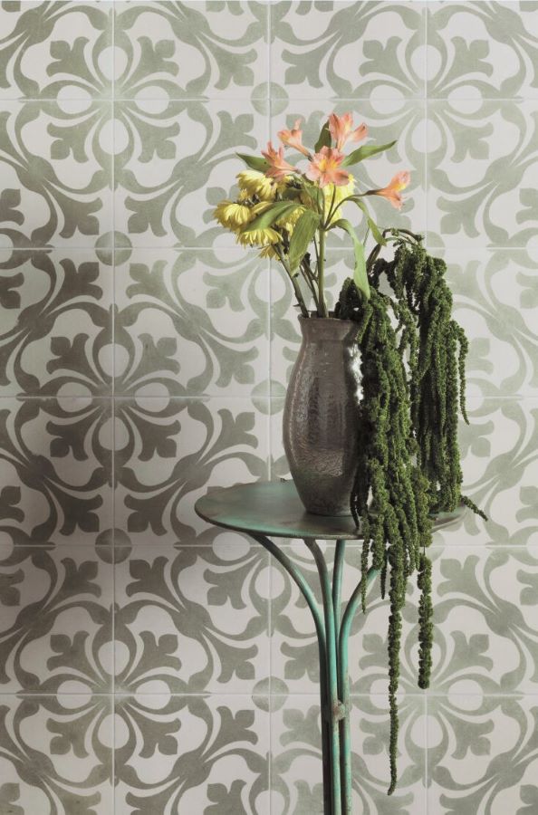 Sage green pattern feature wall tiles behind a vase of flowers, Sydney