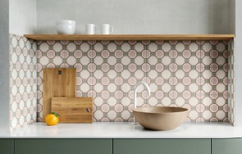 Retro geometric pattern splashback tiles, Sydney