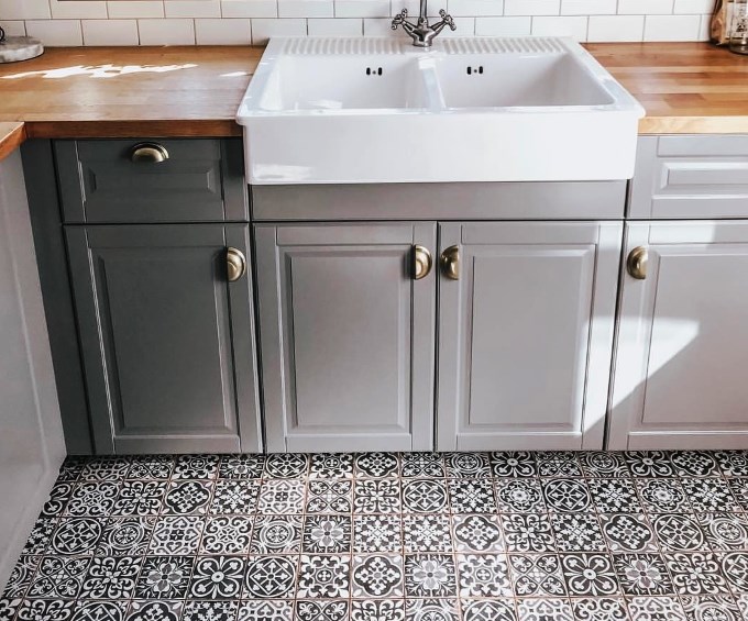 Moroccan pattern tiles laid on a kitchen floor
