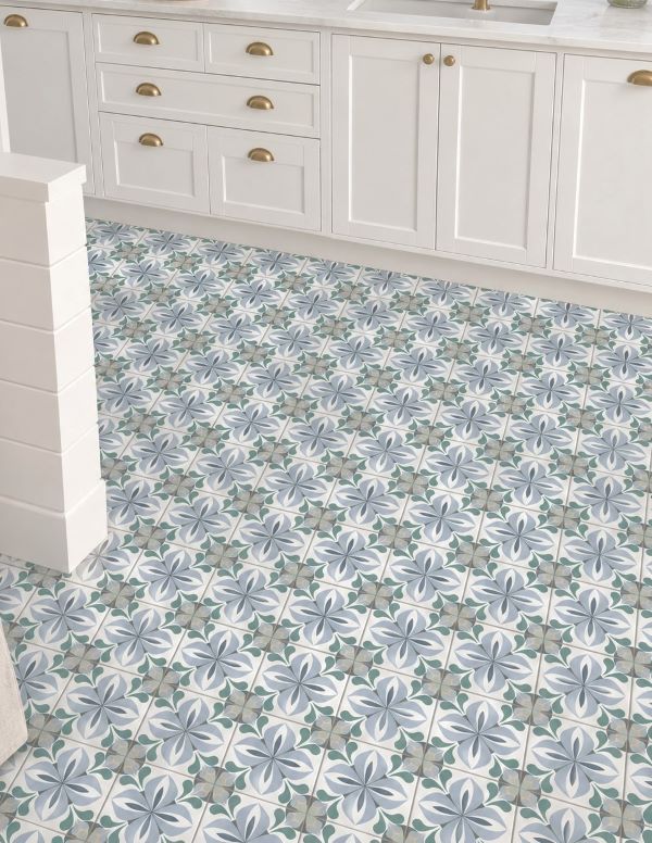 kitchen floor with encaustic look tiles sold in a Sydney
