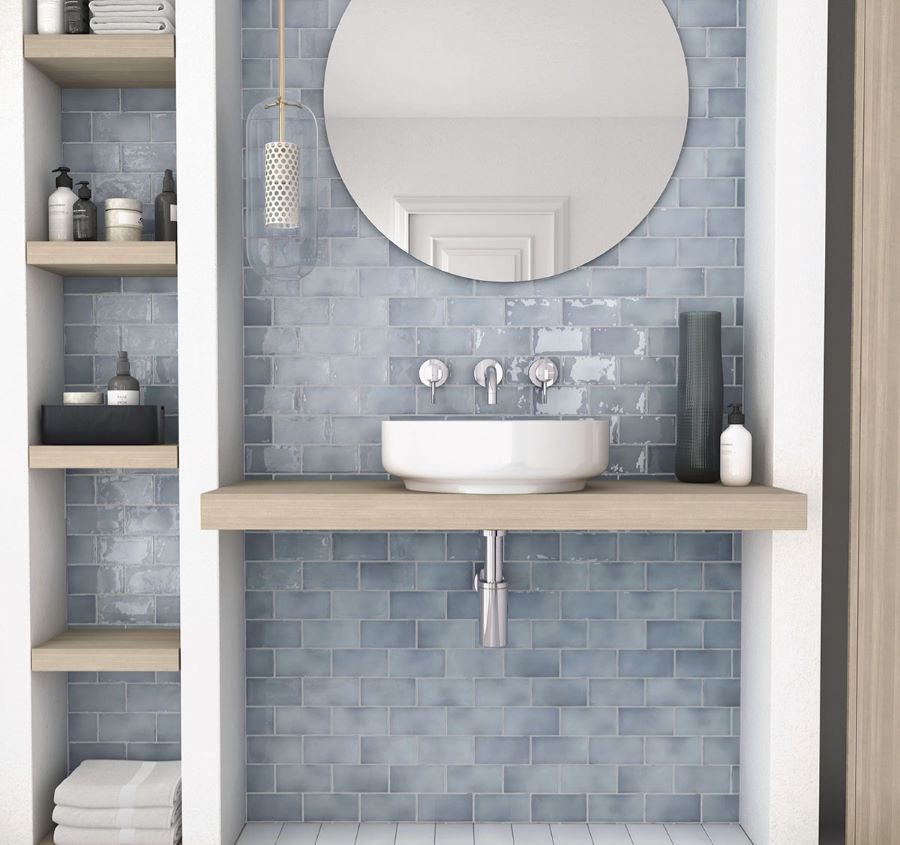 Spanish Manacor wall tile in blue subway walls in bathroom