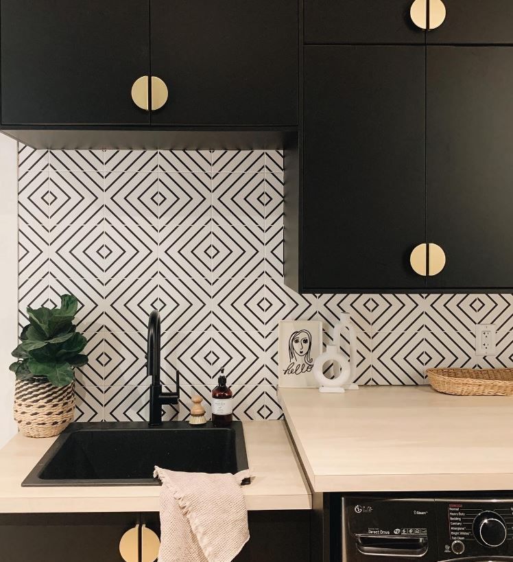 Kitchen splashback with black and white monochrome geometric tiles
