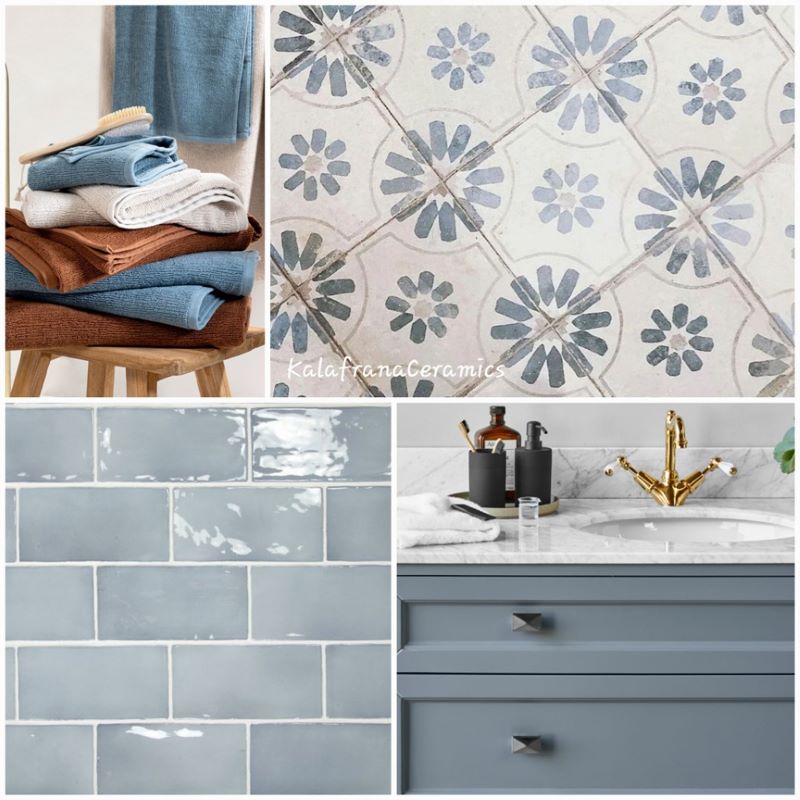 Bathroom mood board pairing KC889 blue pattern tiles with blue gloss wall tiles, a blue vanity and brass tapware