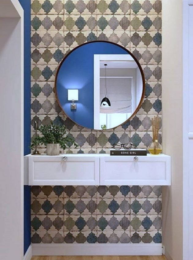 Moroccan bathroom feature wall tiles in blue and green