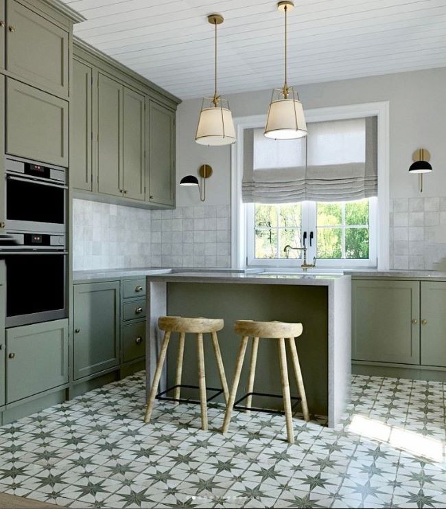 Green pattern kitchen floor tiles laid in Sydney Australia home