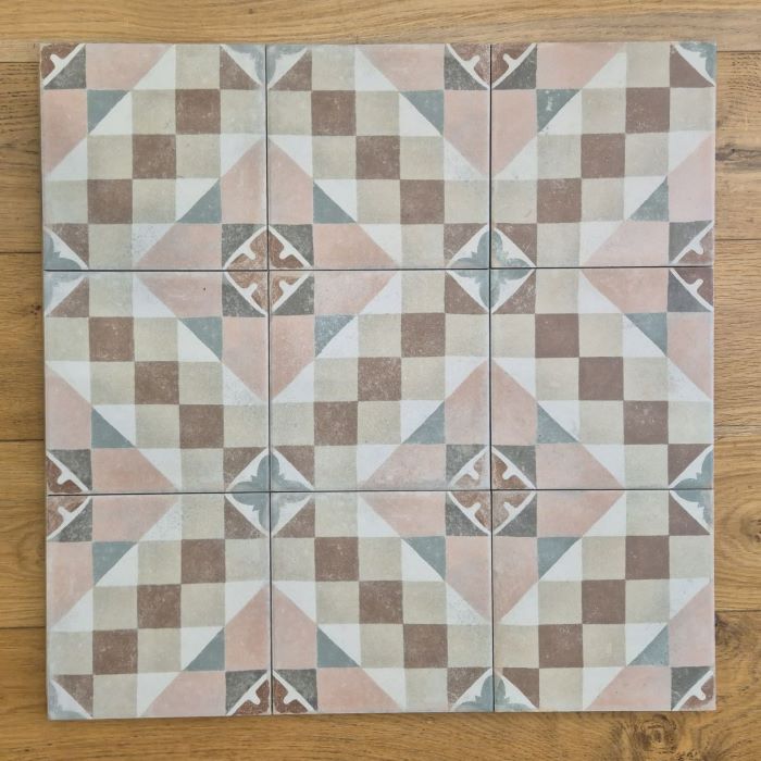 KC967 blush pink, cocoa brown, cream and sage geometric pattern tiles, nine tiles laid together on timber