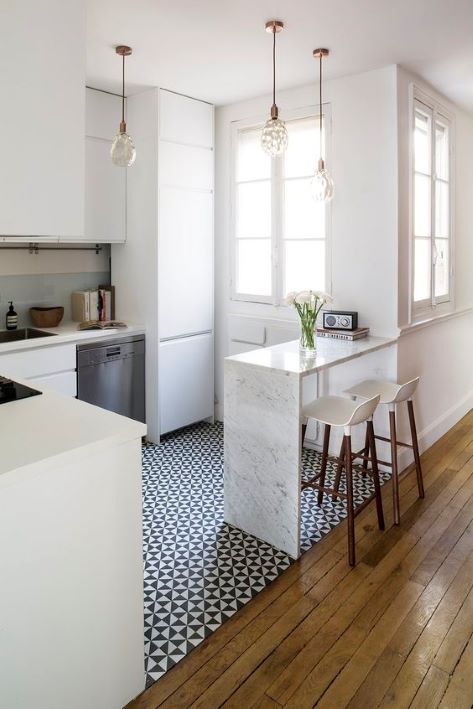 Retro kitchen floor with black and white pattern tiles, Sydney