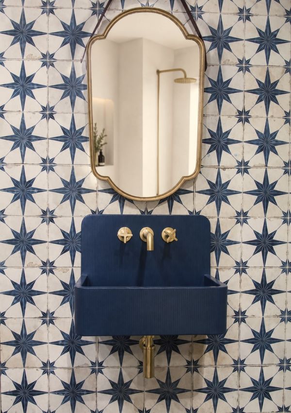 Blue star pattern bathroom feature wall tiles in Sydney