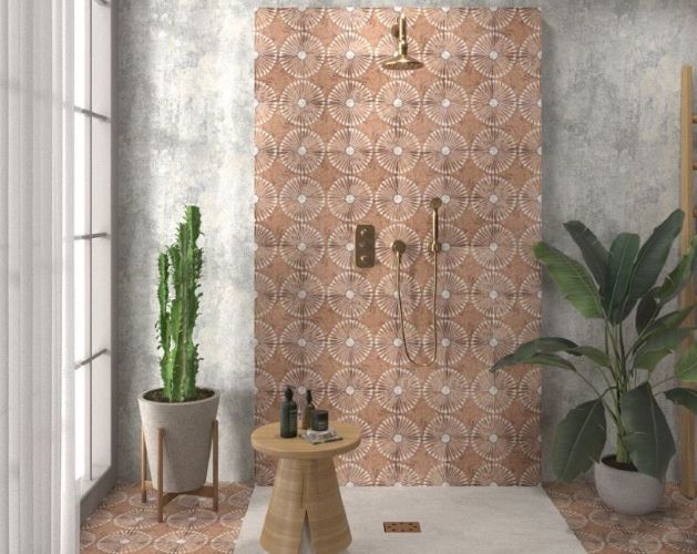 Bathroom feature wall in terracotta