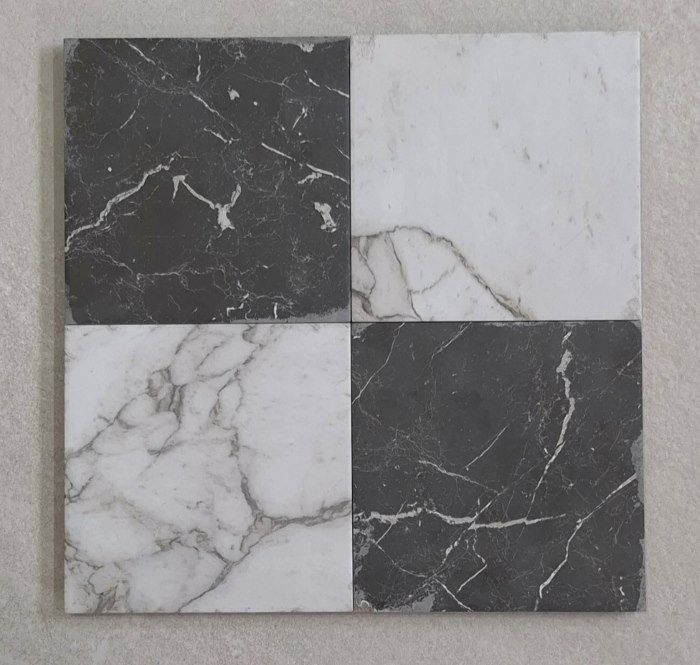 Tumbled black and white marble look porcelain floor tile for bathroom renovations